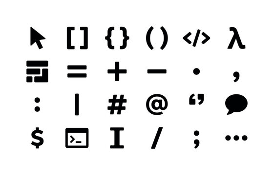 Minimal Coding Marks. Solid glyph icon set of coding symbols and developer marks: arrow cursor, bracket pair, braces pair, parentheses pair, code tag, lambda symbol, class block, equal sign, plus