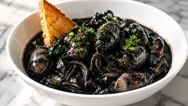 Gourmet black squid ink risotto or pasta served with toasted bread
