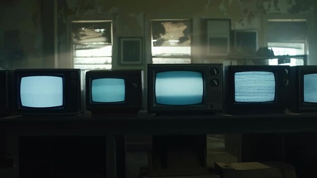 Row of vintage televisions in an abandoned room