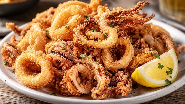 Crispy deep fried calamari rings served with fresh lemon wedges
