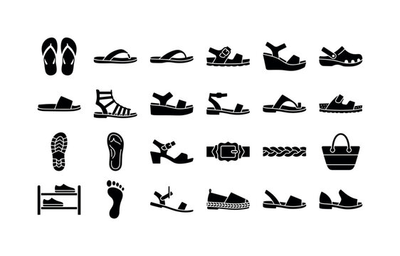Summer Footwear Glyphs. Solid glyph icon set of sandals and flip flops: flip flop pair, thong sandal, beach sandal, buckle sandal, wedge sandal, clog sandal, slide sandal, gladiator sandal, platform