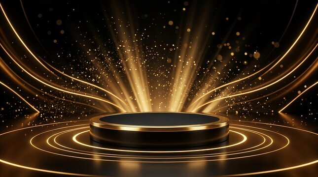 Golden shapes and light rays illuminate this award ceremony background.