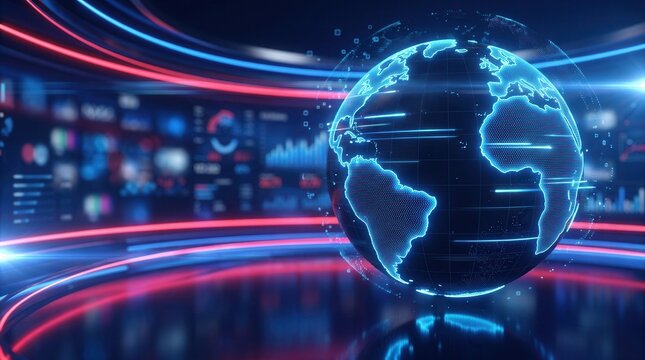 Global news broadcast background with a 3D digital earth globe