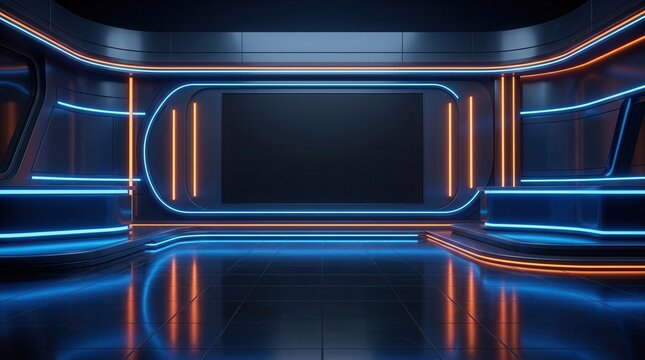 Modern 3D virtual studio set designed for news broadcast and TV show backgrounds.
