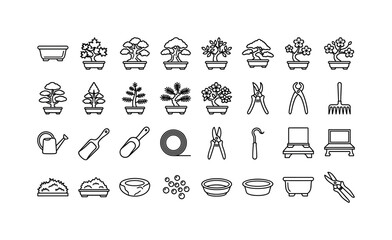 Naklejka premium Miniature Tree Craft. Line icon set of bonsai art: bonsai pot, maple bonsai, oak bonsai, elm bonsai, juniper bonsai, cherry bonsai, cypress bonsai, spruce bonsai, azalea bonsai, pruning shears,
