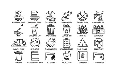 Obraz premium Refuse Removal Icons. Line icon set of delete and disposal: hard drive shred, document shred, data wipe disk, broken chain, crossed circle, cleanup bucket, mop, disposable cup, waste barrel, compost