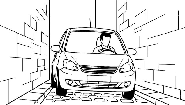 Line art drawing of person driving compact car indoors.