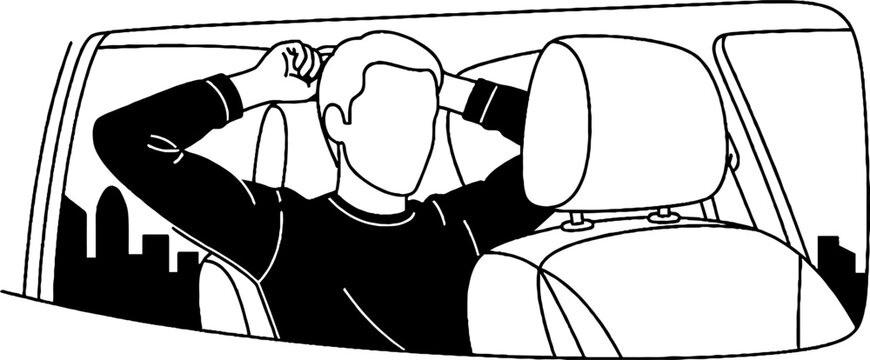 Frustrated driver talking on phone inside car alone urban setting.