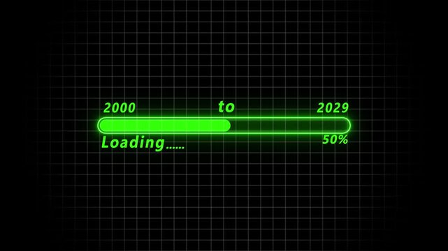 Digital progress bar loading from year 2000 to 2029 with percentage counter on grid background