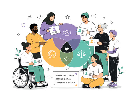 Intersectionality. Diverse people stand together around overlapping circles, calmly connecting identity cards and shared experiences. A friendly editorial scene about inclusion, layered perspectives,