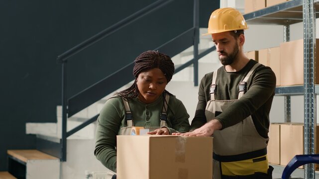 Warehouse colleagues sealing cardboard box package ready to be shipped to customers. Staff members in storage facility securing parcels to avoid issues during delivery