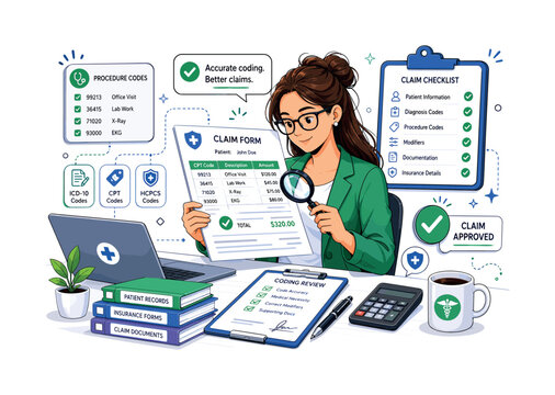 Coding and Claims. A billing professional checks procedure codes on a large form with small tags, magnifier, and approval marks nearby. The scene feels precise and organized, showing administrative