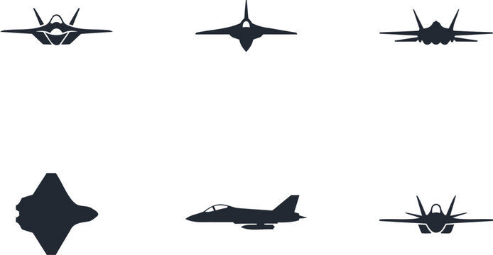 Collection of six modern fighter jet silhouettes in various aerial poses on a white background