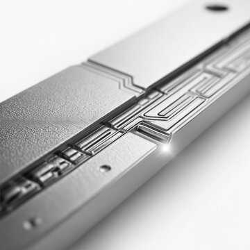 High resolution macro detail photograph of the complex and dense metallic gas flow channels on a heavy-duty hydrogen fuel cell bipolar plate stack, showing precise flow path engineering.