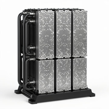 Wide-angle perspective photograph of a high-power hydrogen fuel cell stack comprising six bipolar plate modules, featuring intricate stamped flow fields, dense manifold connections.