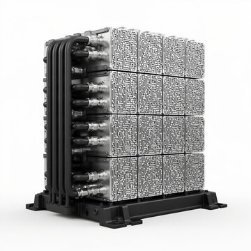 High-power industrial hydrogen fuel cell stack with a massive 4x4 bipolar plate array, showcasing highly dense stamped maze flow fields, clean modular manifold piping, and a reinforced heavy-duty base
