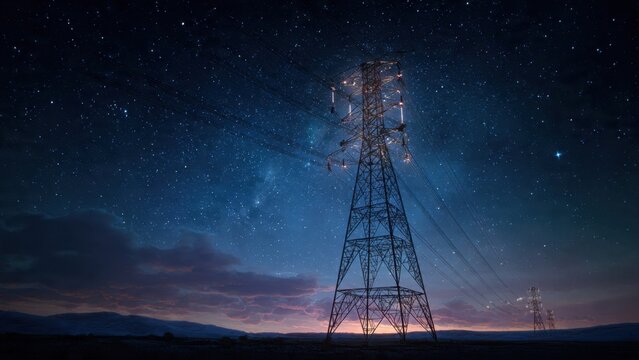 Power Line Tower Under Starry Night Sky