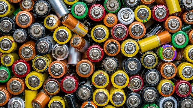 Assorted rechargeable batteries arranged in a colorful pile  