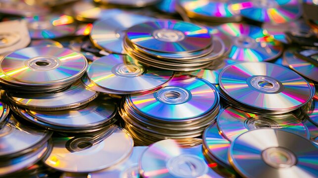 Pile of colorful DVDs stacked closely in an artistic arrangement  