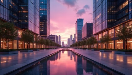 Fototapeta premium Modern cityscape with glass skyscrapers reflecting pink sunset sky. Lined trees border reflecting pool. Urban environment features contemporary architecture, bright city lights.