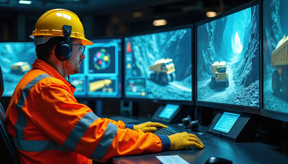 Naklejka premium Mining control room operator monitors haul trucks on screens. Person uses computers and headset in modern mine operations center. Digital tech manages heavy equipment.