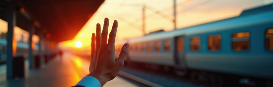 Hand waves goodbye at train station during sunset. Person departs on journey, passenger train waits on platform. Warm evening light, emotional farewell scene.