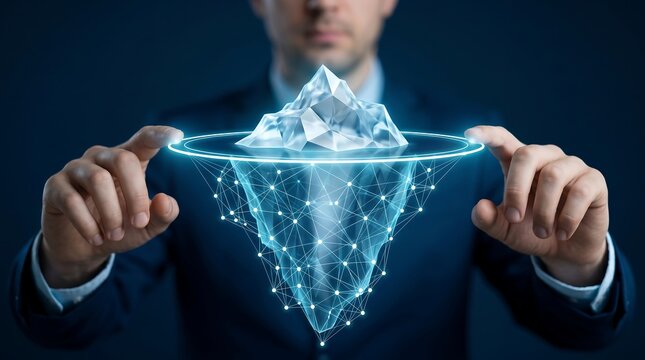 Businessman's hands holding a glowing digital iceberg, symbolizing vast hidden data and complex information systems beyond surface visibility.