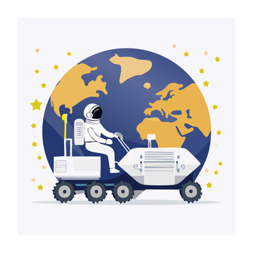 Astronaut driving a rover on the moon with Earth in background