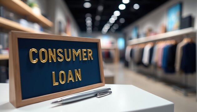 Sign reads Consumer Loan near pen on white surface. Store background with blurred clothing racks. Financing and retail options available for shoppers.