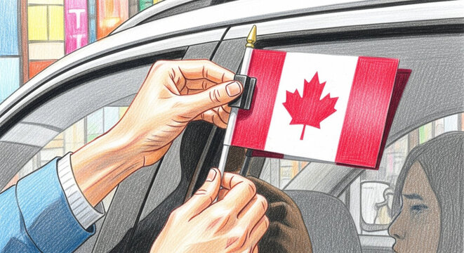 Person attaching Canadian flag to car window outdoors.