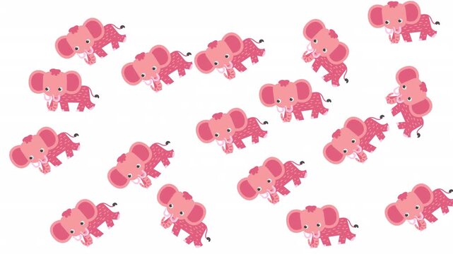 Multiple tiny pink elephant cartoon animals create a playful pattern on a white background. Suitable for childrens products and packaging design.