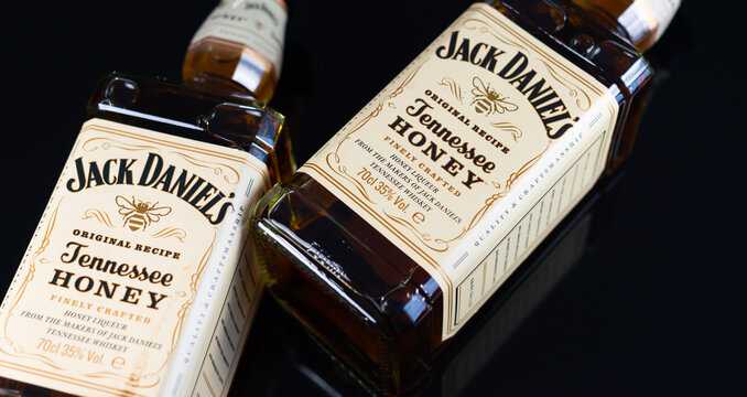 LONDON, UK - 23 AUGUST 2024 A bottle of Jack Daniel's Tennessee Honey, a blend of classic Jack Daniel's Tennessee whiskey and honey liqueur, made with natural honey