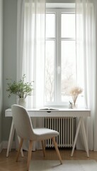 Fototapeta premium Minimalist home office corner features white desk, chair, and plant. Soft window light illuminates cozy workspace. Neutral tones create serene and uncluttered study area.