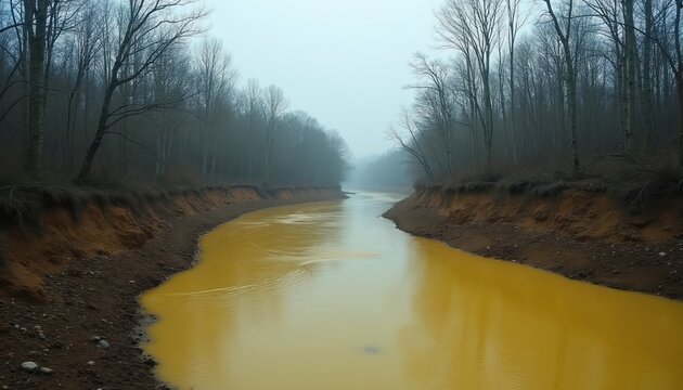 Yellow toxic river flows through bare trees in foggy forest. Muddy banks show soil erosion. Environment affected by industrial waste and contamination. Nature is in decay.