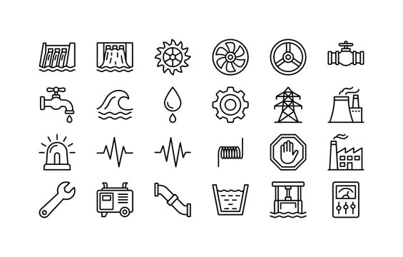 Hydropower Plant Lines. Line icon set of hydropower dam and turbine objects: dam, spillway, water turbine, fan rotor, valve wheel, water pipe, faucet, flood wave, leak drop, gear, power tower, power
