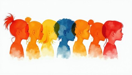 Naklejka premium Group of children profiles in colorful watercolor style. Different ages and ethnicities together on white. Faces in profile, vibrant, diverse, unity, school, kids.