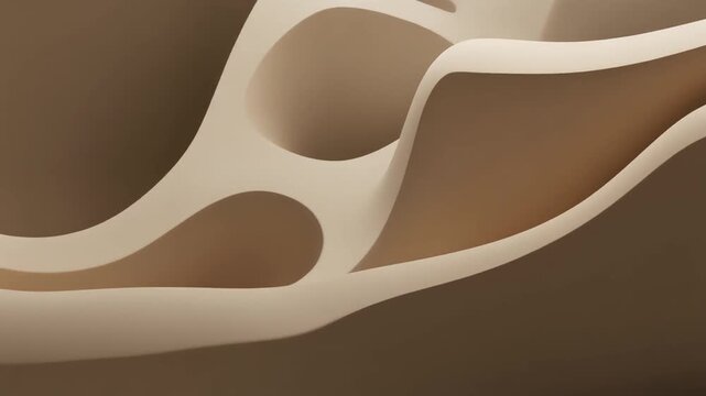 A close-up view of abstract beige curves and holes in a smooth graphic design element on a brown background