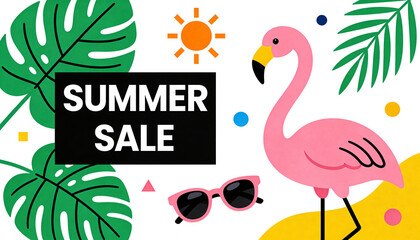 Naklejka premium Summer Sale Banner Template with Cute Pink Flamingo, Tropical Monstera Leaves, Palm Branch and Sunglasses, Colorful Vector Illustration for Shopping Promotion, Social Media Marketing etc