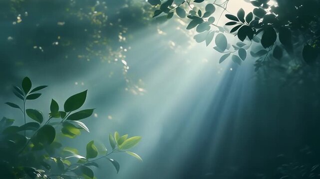 Ethereal sunbeams shining through green canopy leaves in a misty forest