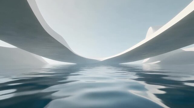 Abstract futuristic architecture with curved white structures over calm reflective water under a clear sky