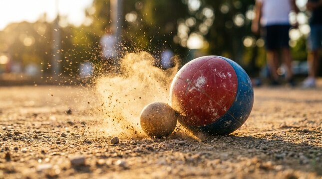 Action shot of bocce balls colliding on a dusty outdoor court during sunset, with flying dust and golden light
