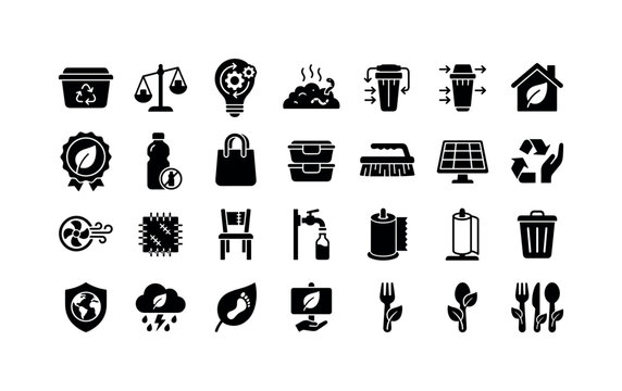Circular Living Marks. Solid glyph icon set of zero waste and 5Rs lifestyle: reuse container, reduce scale, rethink bulb, rot compost pile, refine filter, eco home, green leaf badge, plastic free