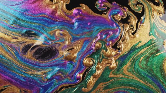 Abstract 3 d fluid simulation with metallic gold and iridescent color swirls