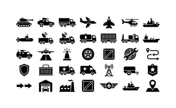 Military Transport Assets. Solid glyph icon set of army web vehicles and transport: tank, armored car, military truck, transport plane, jet, helicopter, warship, submarine, radar vehicle, fuel truck,