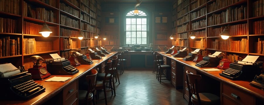 Old office room filled with vintage typewriters and books. Desks arranged in rows, illuminated by desk lamps, suggest busy journalism history. A large window lets in soft light.