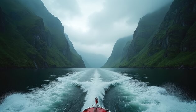 Red boat glides through misty fjord past green, steep mountains. Water churns behind vessel, creating white foamy wake. Dramatic landscape feels mysterious, serene, and vast.