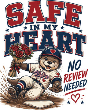 Safe In My Heart No Review Needed Baseball Gift, Funny Baseball Love Design, Romantic Baseball Couple Gift, Cute Otter Baseball Mascot
