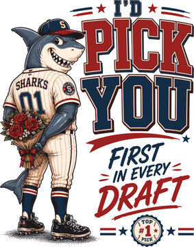 I'd Pick You First In Every Draft Baseball Gift, Funny Baseball Love Design, Romantic Baseball Couple Gift, Cute Shark Mascot Artwork