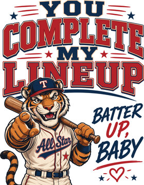 You Complete My Lineup Batter Up Baby Baseball Gift, Funny Baseball Love Design, Romantic Baseball Couple Gift, Tiger Mascot Artwork