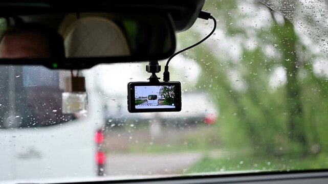 A windshield-mounted dash cam. The device is located under the rearview mirror. The LCD screen displays a real-time view of the road ahead.